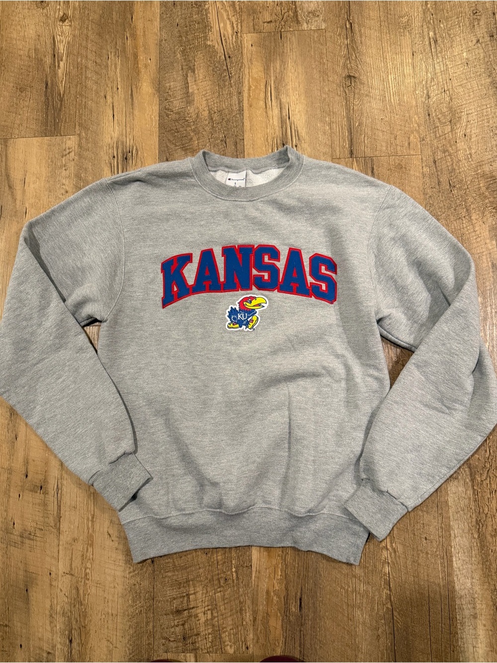 Champion Grey Crewneck with Red and Blue Kansas Applique